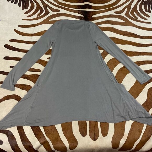 Lauren Moshi Elephant Grey Long Sleeve Asymmetrical Hem Swing Dress w/Pockets - Picture 3 of 9